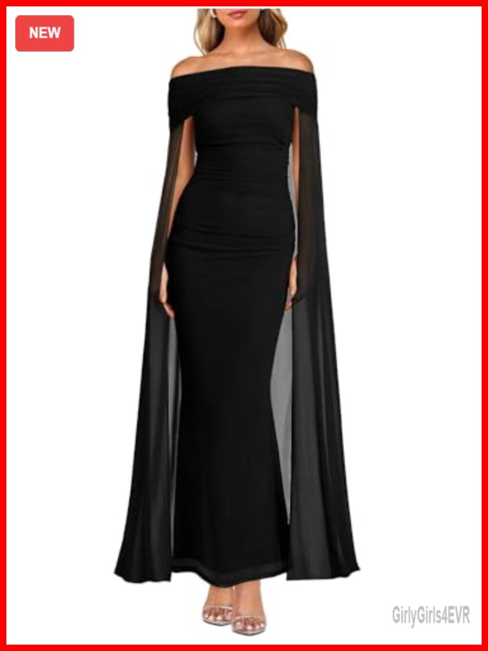 Off Shoulder Bodycon Maxi Dress with Cape Mesh Formal Evening Gown